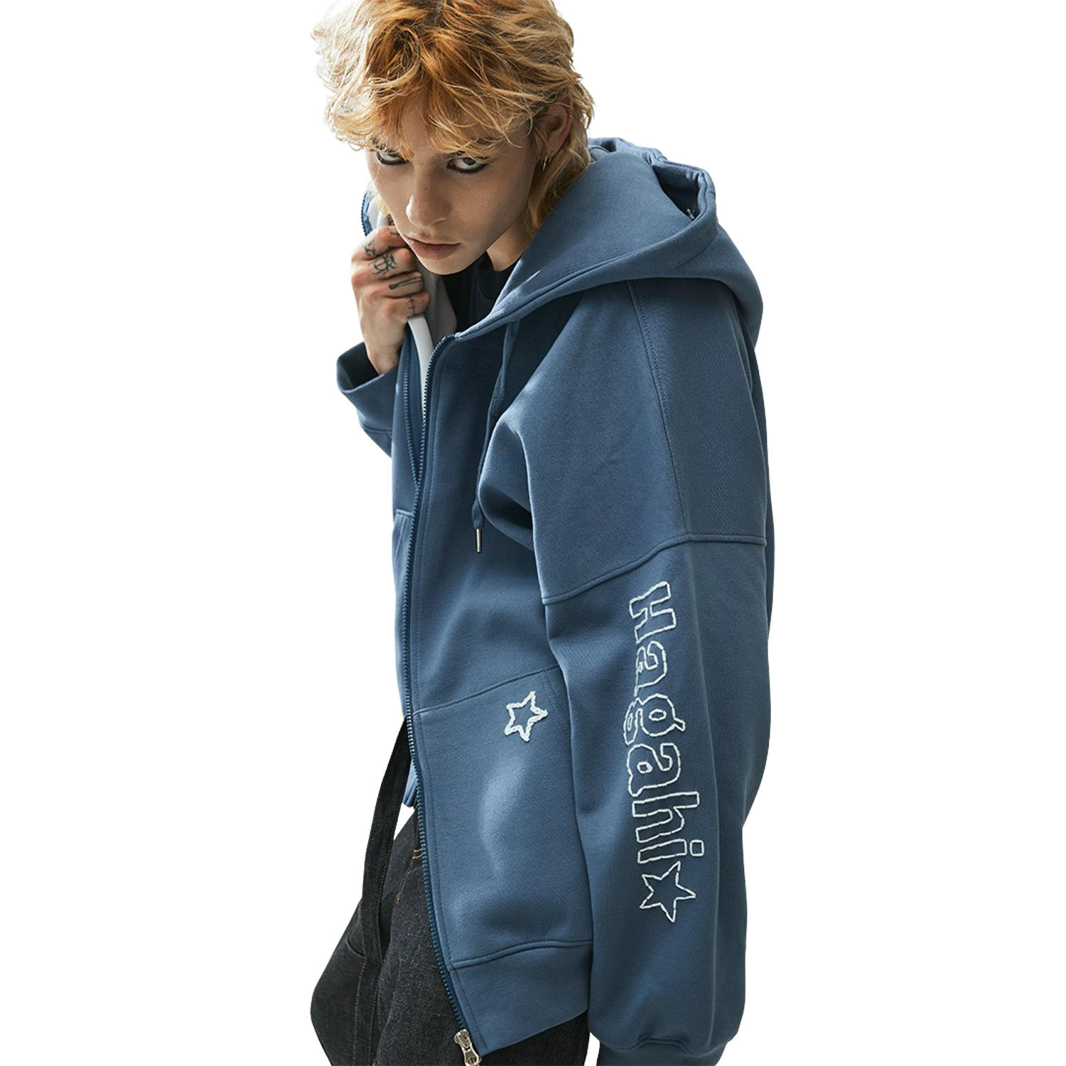 Star-Wars Hand-Embroidery Hoodie Zip-up (Fade Blue)