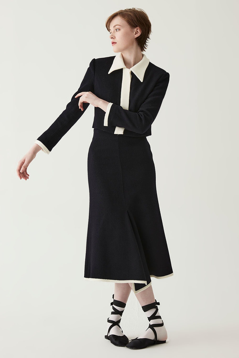 Tweed Wool Front Slit Skirt -navy