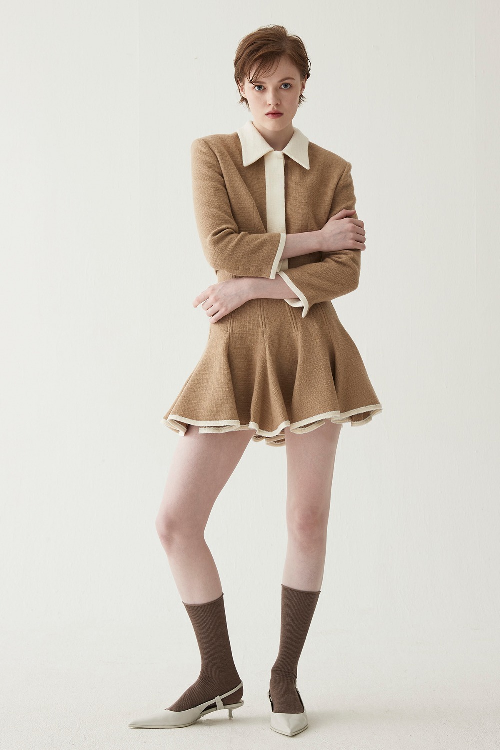 Color Block High-waist Flair Skirt-Sand