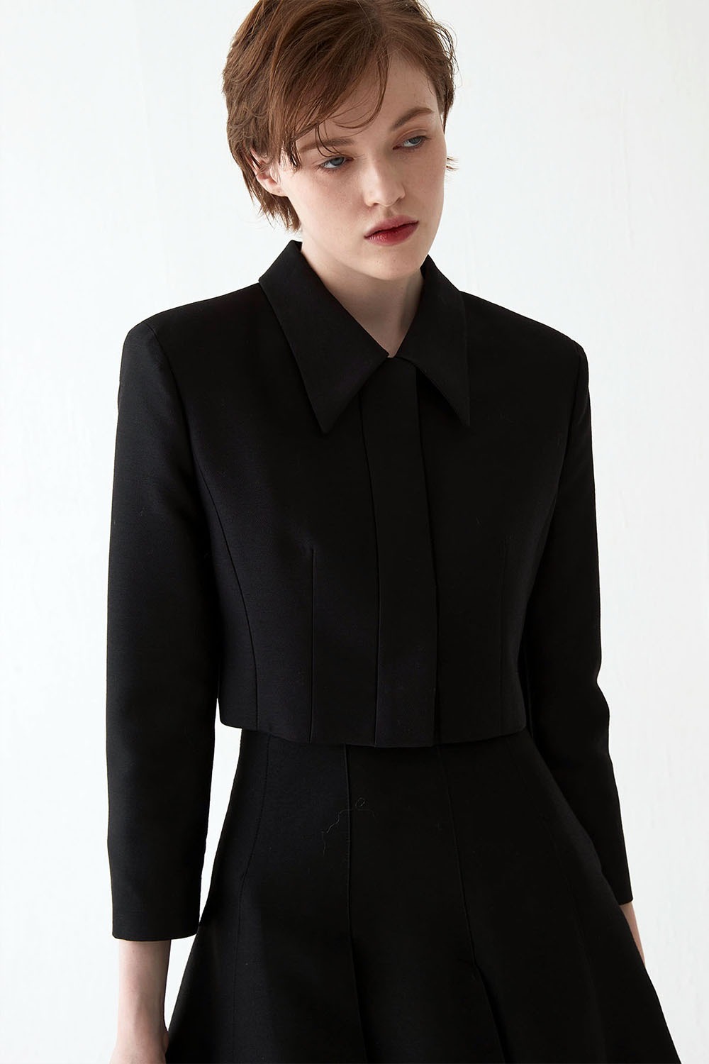 Cropped Wool Blend Tailored Jacket- Black