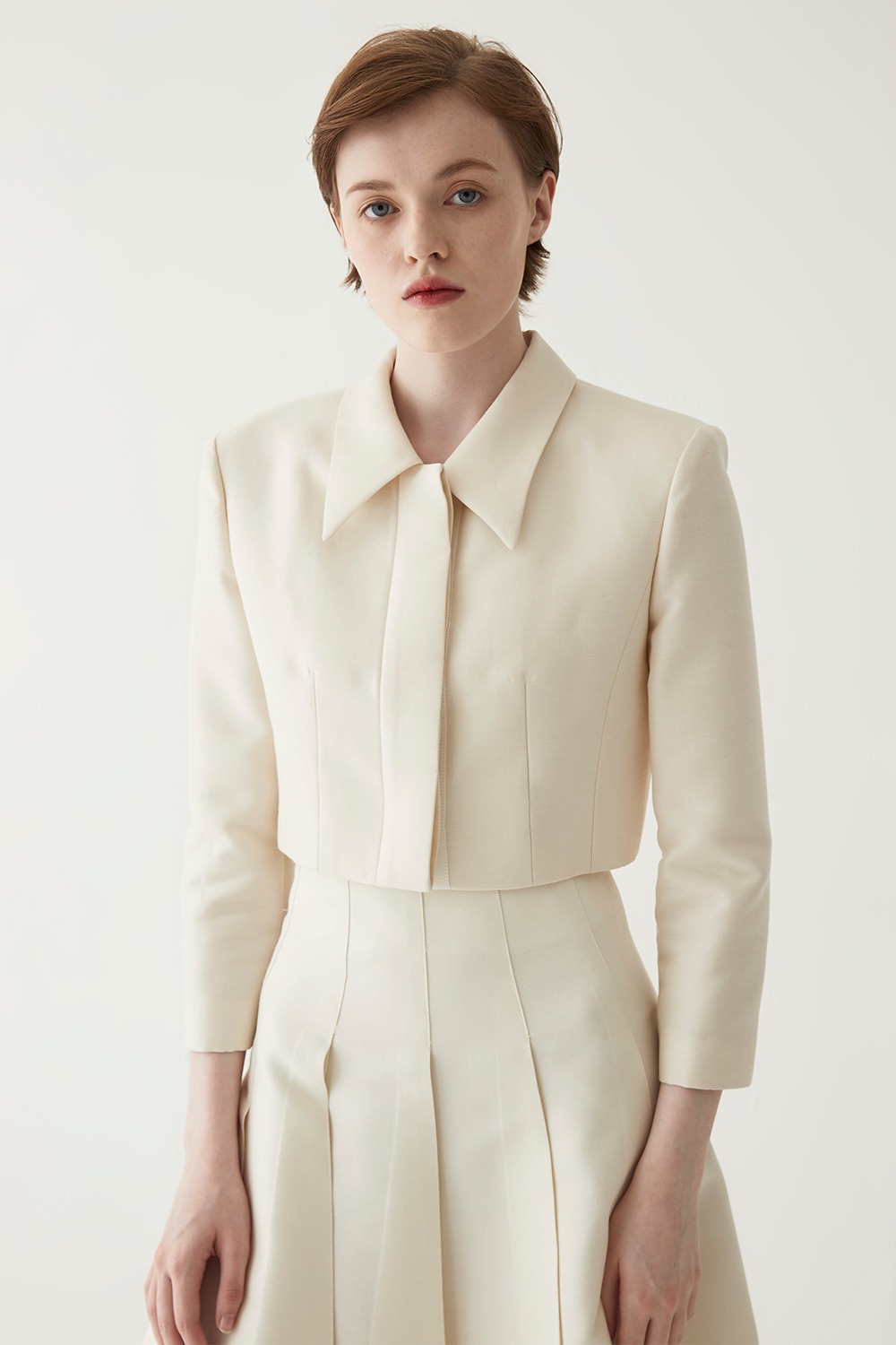 Cropped Silk Wool Tailored Jacket - Ivory