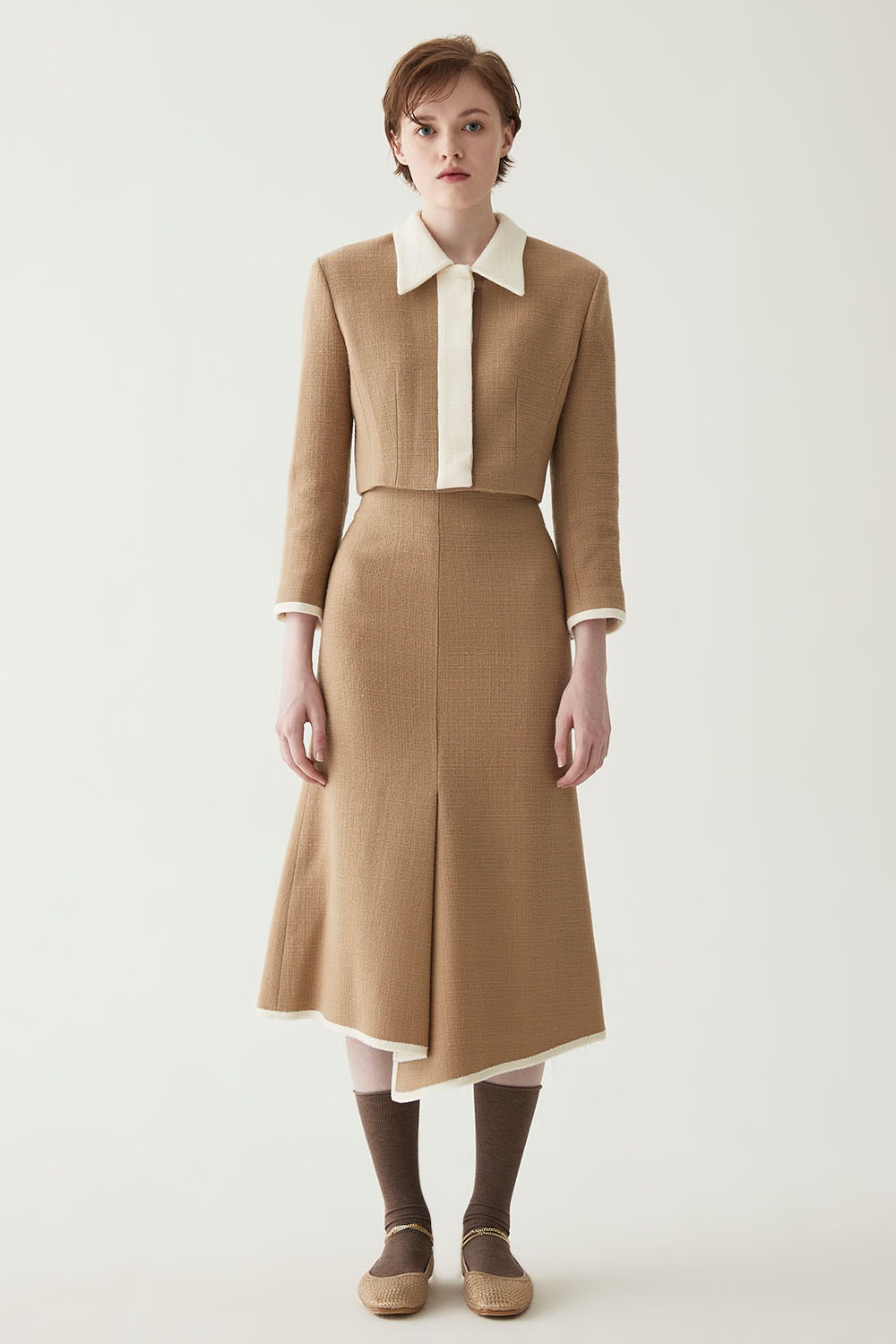 Tweed Wool Front Slit Skirt-Sand