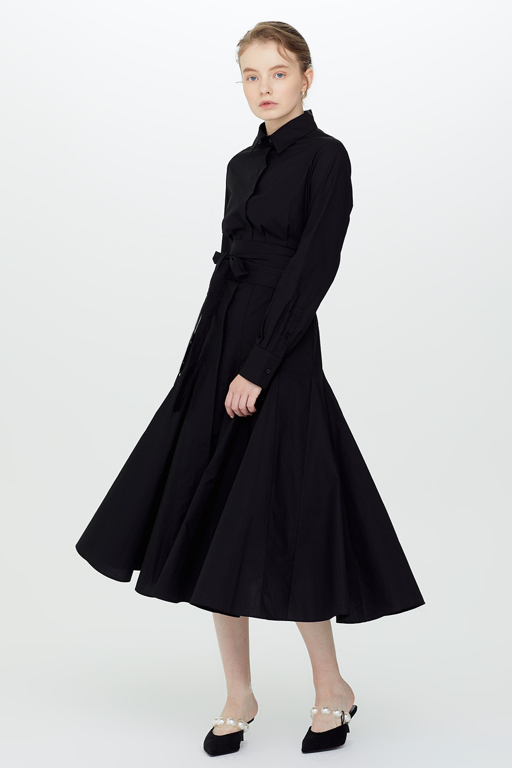 Lady’s Belted A-Line Dress(Black)